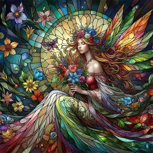 Colorful diamond art painting of a fairy with wings holding flowers, surrounded by stained glass-like patterns and flowers.