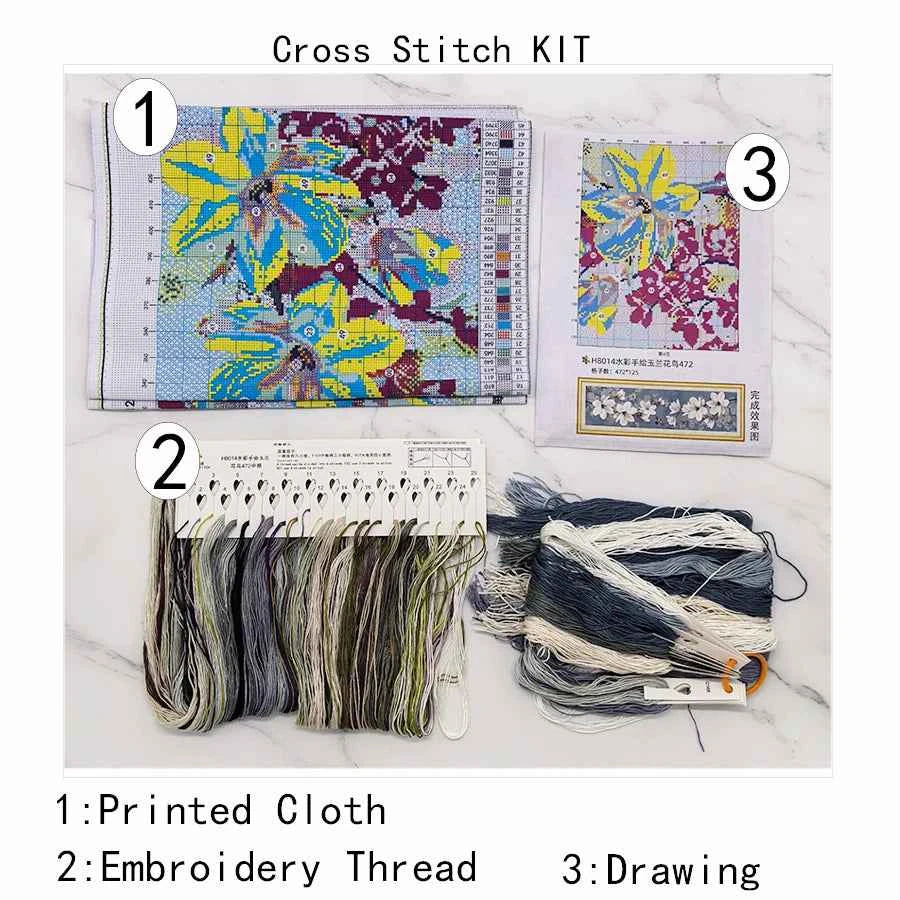 Magnolia Flower And Bird Cross Stitch Kit - 9CT and 11CT