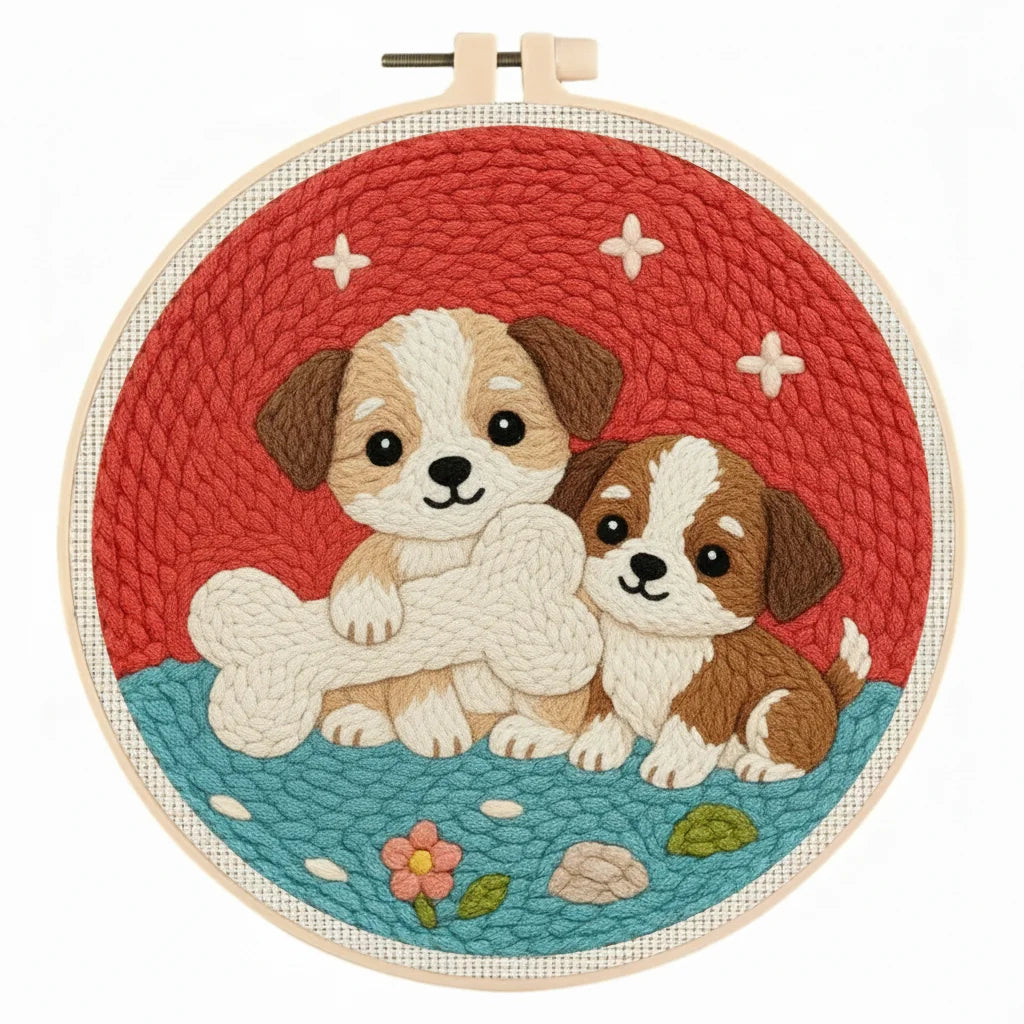 Embroidery hoop with two punch needle puppies with a white bone, on a red and blue background