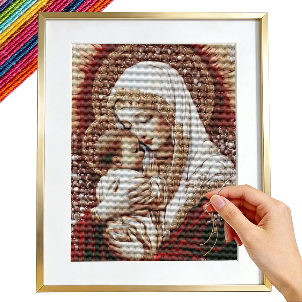 Madonna & Child Cross Stitch Kit – 11CT Religious Portrait, 30x40 or 40x50 cm