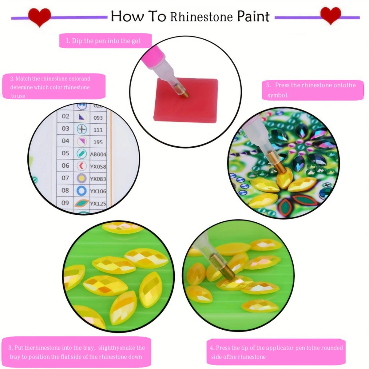 Step-by-step guide on how to use rhinestone paint with illustrations and text.