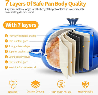 6QT Enameled Cast Iron Dutch Oven for Sourdough Bread Baking, Non-Stick with Lid and Cloche