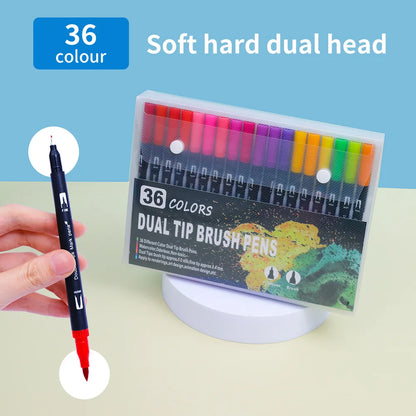 Double-Ended Watercolor Pens  - Brush-pen and Hard-tip Ends - Available in sets of 12/36/48/60 Vibrant Colors