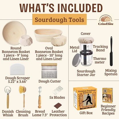 Complete Sourdough Bread Baking Kit with Glass Jar, Proofing Baskets & Essential Tools for Home Artisan Baking
