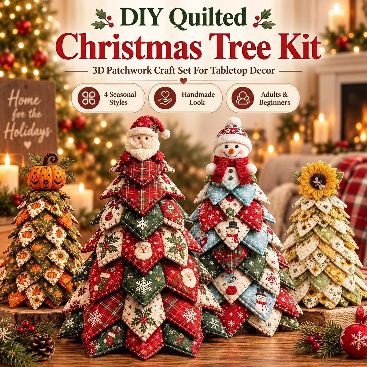 DIY Quilted Christmas Tree Kit promotional image showing three handmade quilted fabric Christmas trees decorated with red, green, white, orange, and beige patchwork fabrics, set against a warm, blurred holiday living room background.