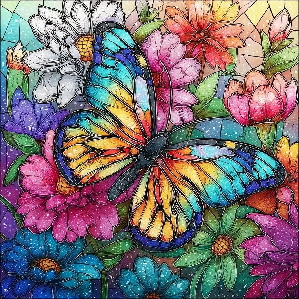 A colorful stained-glass-style diamond art illustration of a butterfly surrounded by flowers, with black outlines and many bright hues including blue, teal, pink, purple, orange, yellow, and green.