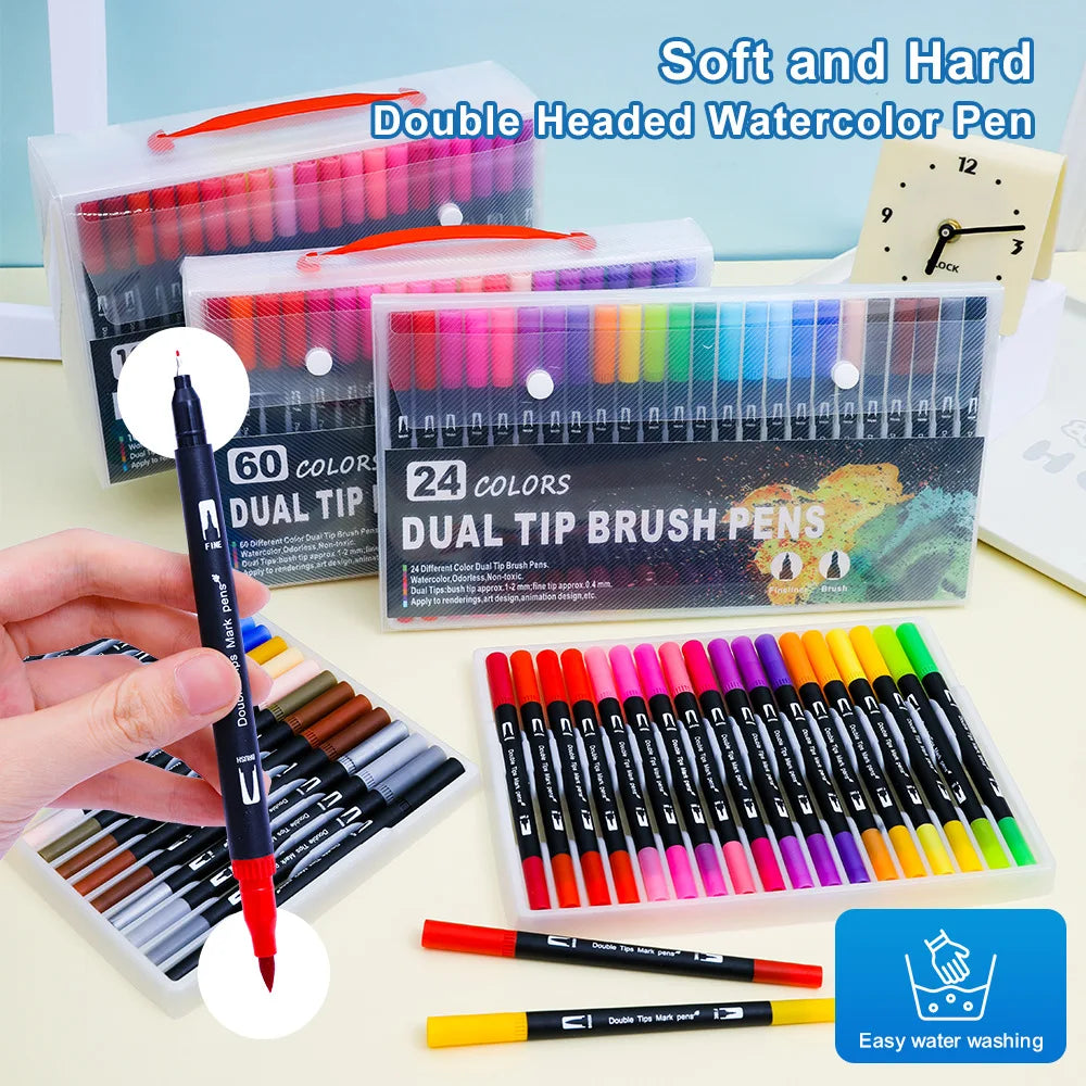 Double-Ended Watercolor Pens  - Brush-pen and Hard-tip Ends - Available in sets of 12/36/48/60 Vibrant Colors
