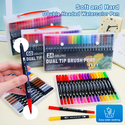 Double-Ended Watercolor Pens  - Brush-pen and Hard-tip Ends - Available in sets of 12/36/48/60 Vibrant Colors