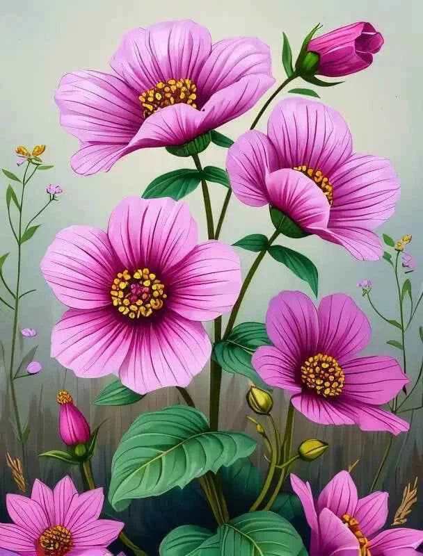 Floral 5D Diamond Painting Kit of Pink Cosmos, Full Drill Round or Square, 4 Sizes