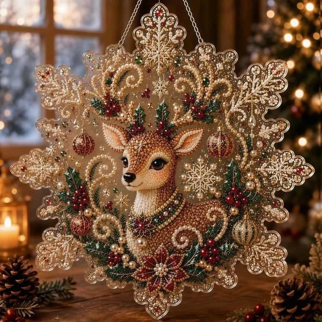 Christmas Pearl Diamond Painting Suncatcher Kit – 20cm Snowflake with Metal Chain, 4 Designs