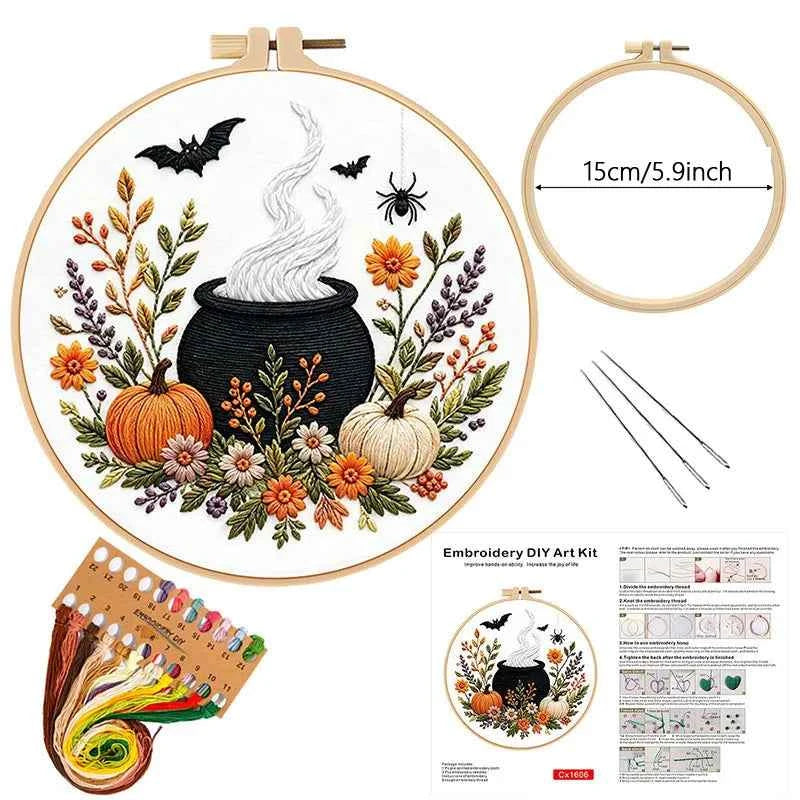 Halloween Embroidery Kit, Stamped Pattern with Thread and English Instructions