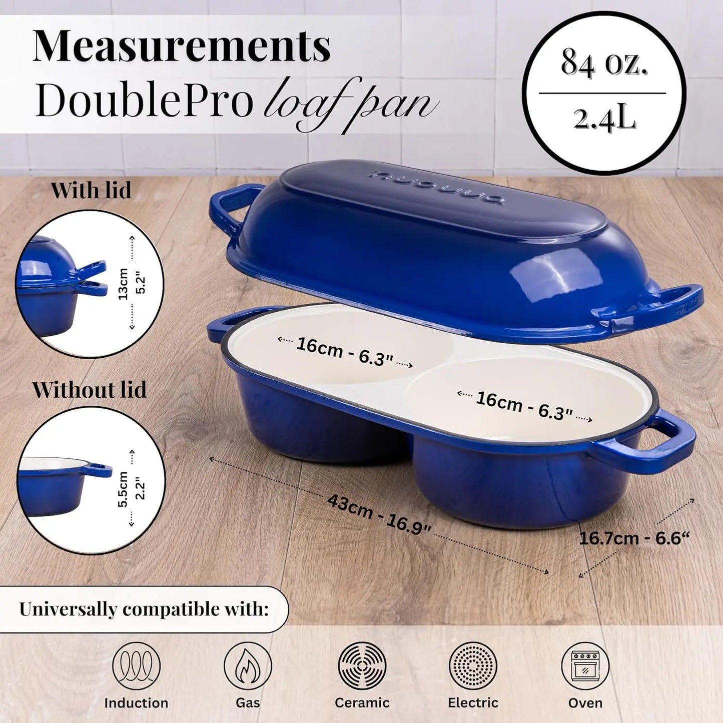 Enameled Cast Iron Double Bread Baking Pan - 16.5cm Diameter, Oven Safe to 500°F, Dark Blue