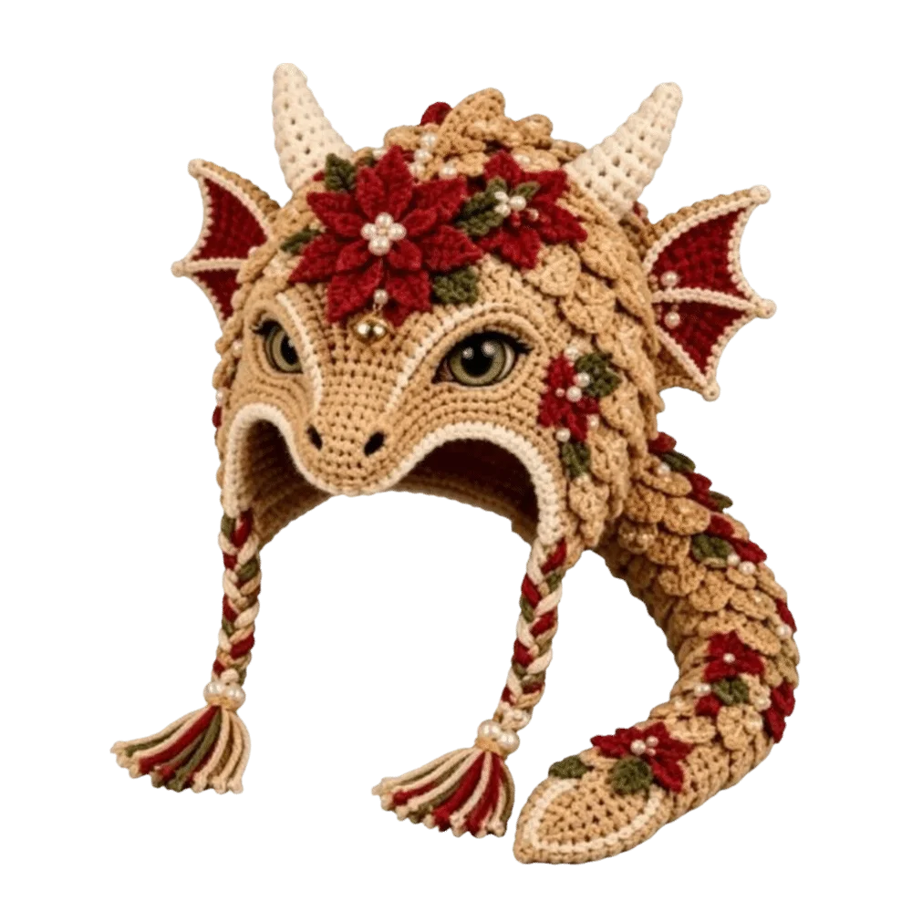 A crocheted dragon head and neck warmer hat, featuring a beige base with red floral patterns, green leaves, cream horns, and braided ear flaps with tassels, shown against a plain white background.