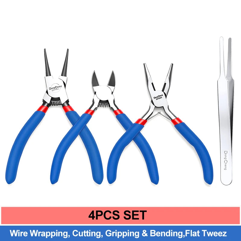 Set of 3 pliers with blue handles wiring wrapping, cutting, gripping and a flat tweezer