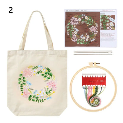 Canvas Tote Bag Embroidery Kit with Flower Pattern and Instructions