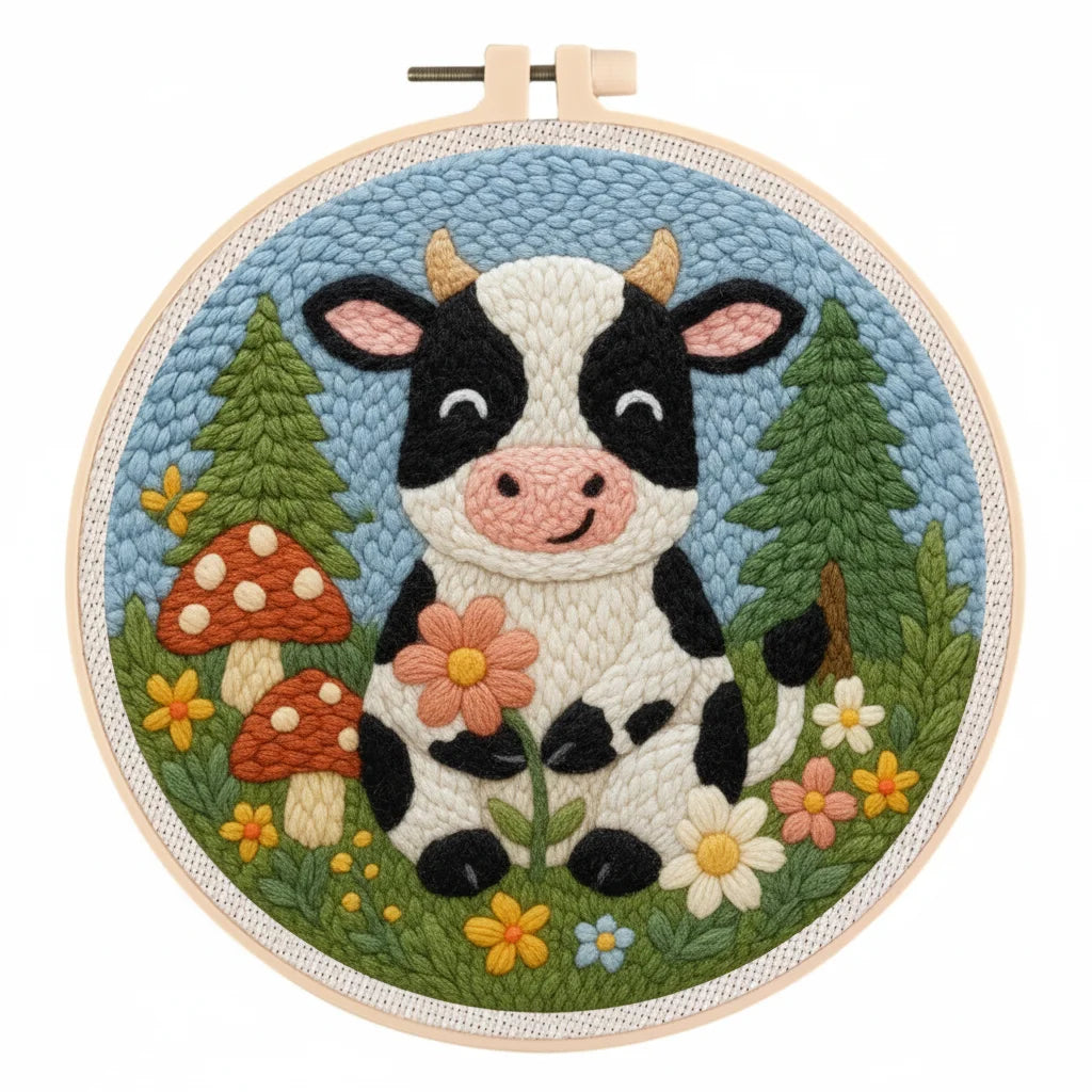 Embroidery hoop with a punch needle black and white cow design surrounded by flowers, mushrooms and trees on a blue background