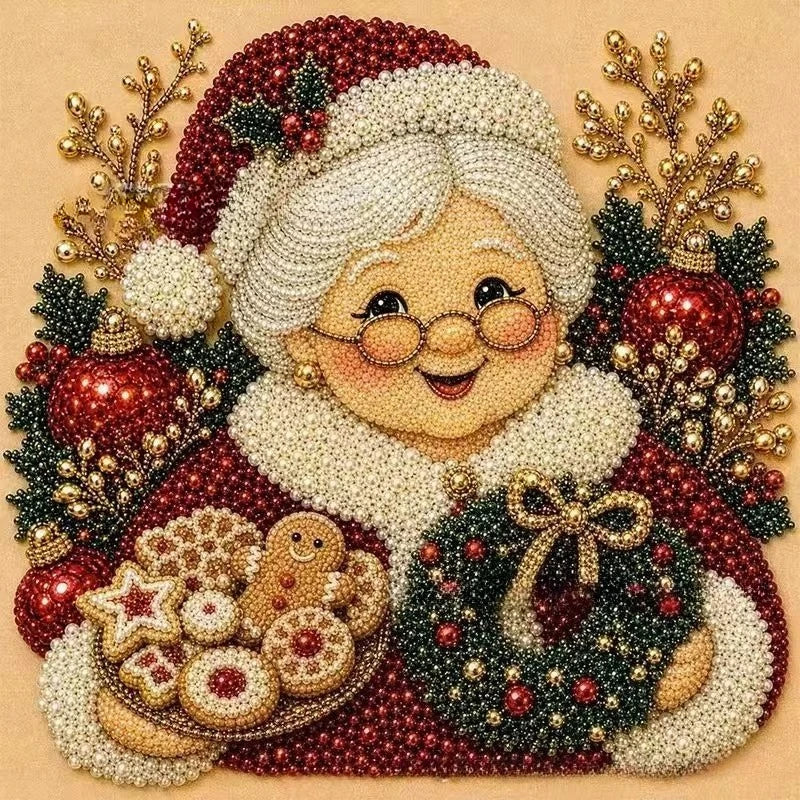 A festive Christmas diamond art piece depicting Mrs Claus, holding a wreath and cookies, surrounded by ornaments and gold decorative branches 