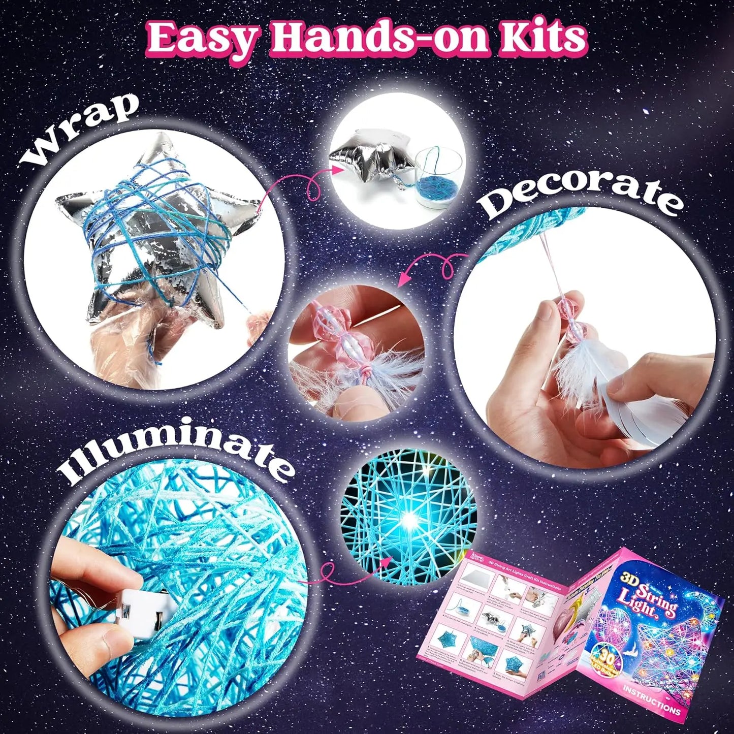 3D String Art Kit - Lights Up with 30 Multi-Colored LED Bulbs