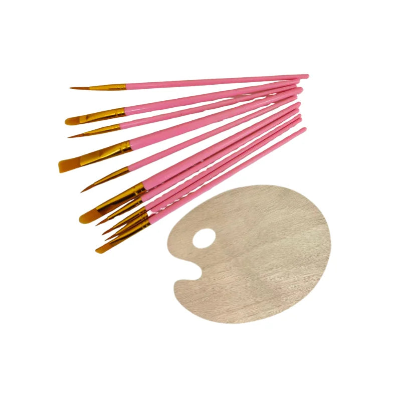10Pcs Colorful Plastic Handle Paint Brushes & Wooden Palette Set, for Acrylic, Watercolor