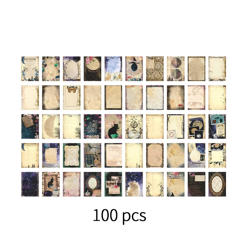 Collection of 100 vintage-style paper sheets with dart academia and witchy themes