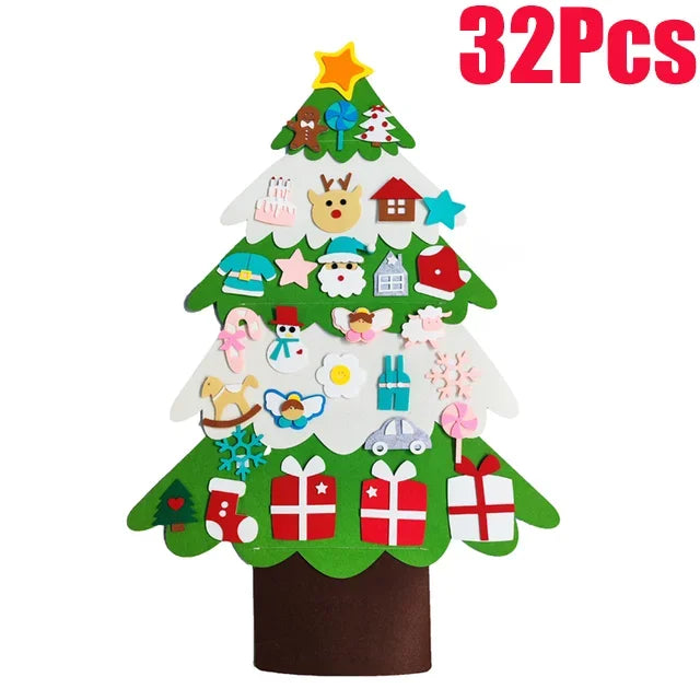 A Christmas tree felt craft decoration set with 32 pieces, featuring a green felt tree, brown felt trunk, white felt branches, colorful felt ornaments, and red wrapped gift boxes