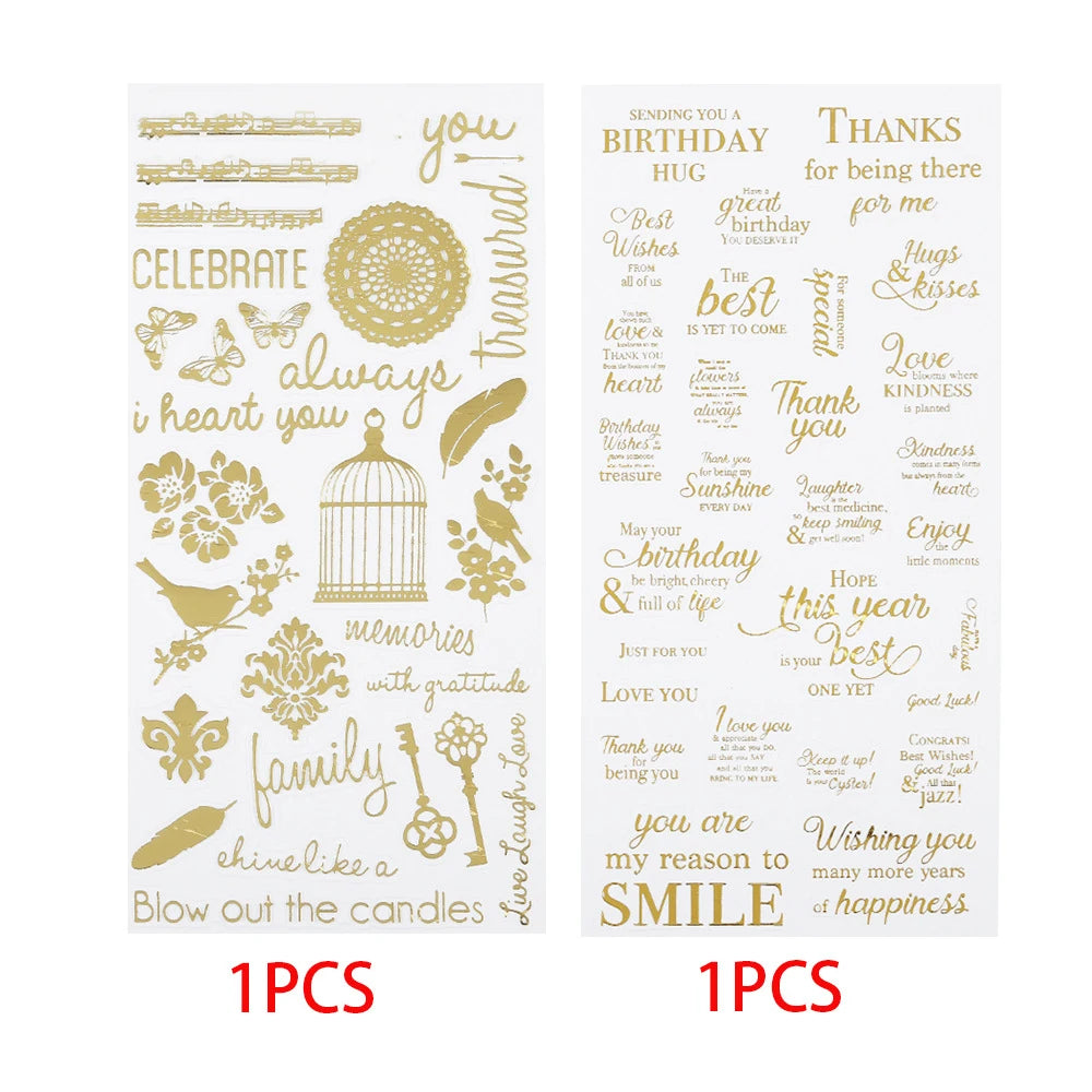 Two sheets of gold foil sticker designs, featuring birthday and thank you messages, birds, flowers, and decorative motifs.  bottom reads '1PCS' for each sheet.