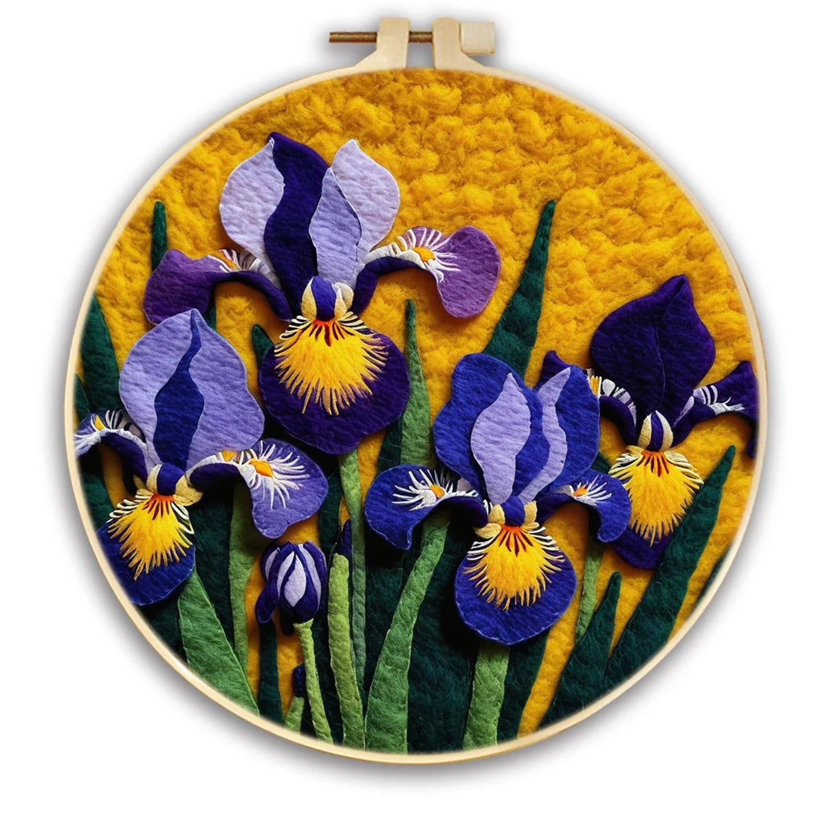 Needle felted purple and blue bearded irises with yellow centers and green leaves, framed in a hoop 
