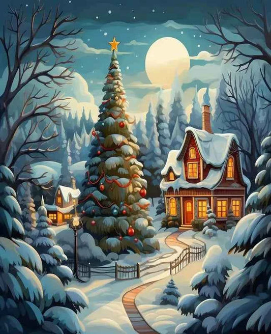 Snowy Christmas Tree Paint by Numbers Kit – Winter Landscape, 5 Designs, Framed or Unframed