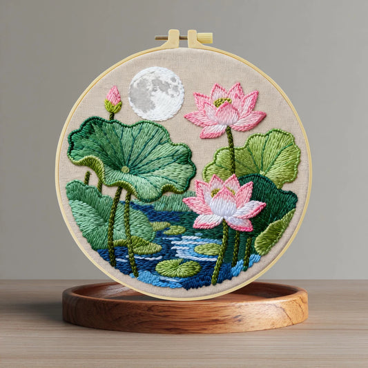 1pc 20X20CM/15X15CM Lotus under the Moon Embroidery Starter Kit DIY Cross Stitch Sewing Art for Gift