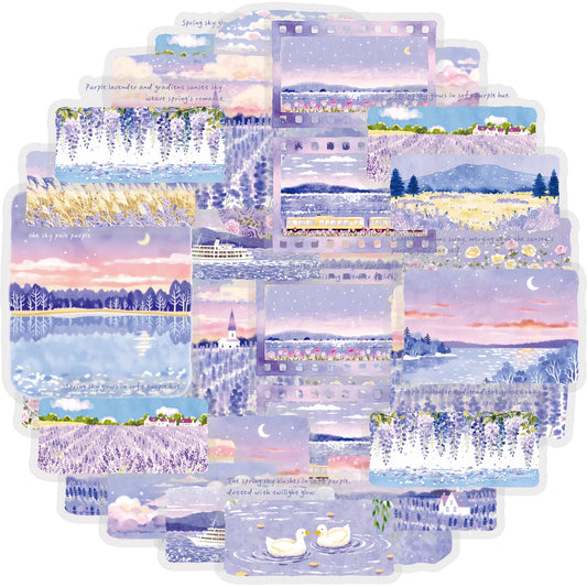 Collection of scenic waterproof stickers with landscapes and nature scenes in shades of purple