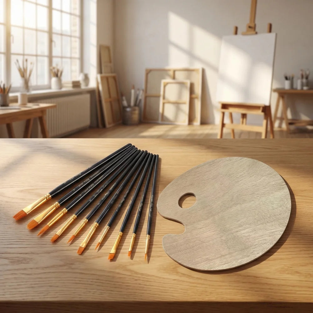 10Pcs Colorful Plastic Handle Paint Brushes & Wooden Palette Set, for Acrylic, Watercolor