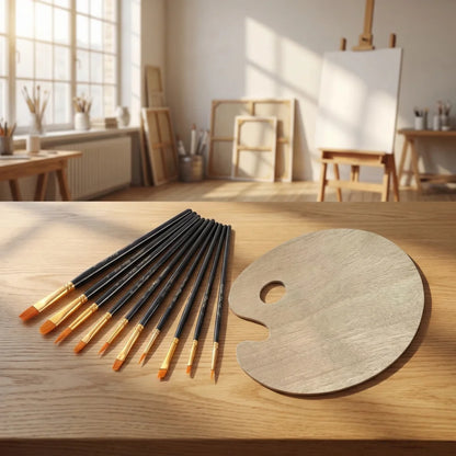 10Pcs Colorful Plastic Handle Paint Brushes & Wooden Palette Set, for Acrylic, Watercolor