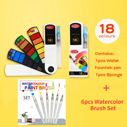 Foldable Travel Watercolor Set With Water Brush Pen - 18/24/36 colors