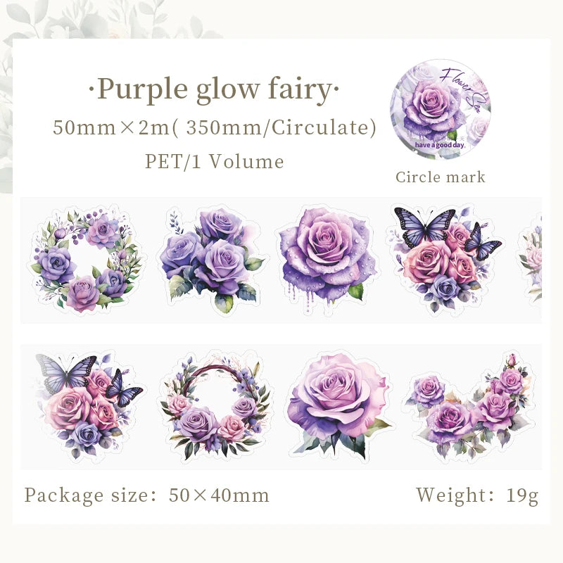 Purple glow fairy stickers with rose floral designs 50mm x 2m roll PET