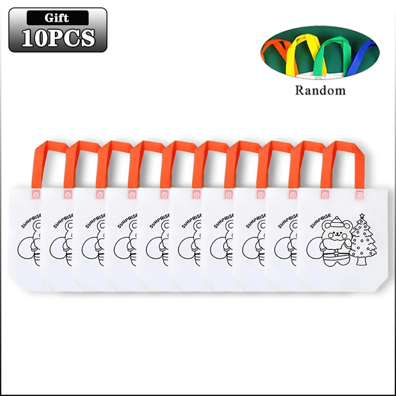 Ten white gift bags with bright orange handles. Each bag has a simple black line drawing, including a Christmas-tree and Christmas Bear