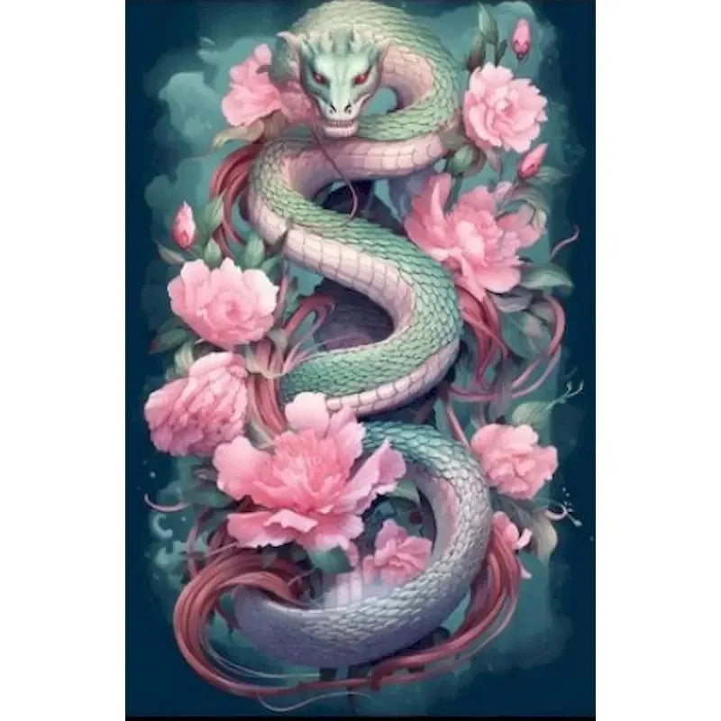 Green dragon snake coiled among pink flowers on a dark blue background
