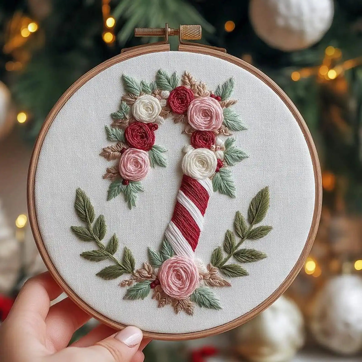 A hand holds a wooden embroidery hoop featuring a festive candy cane stitched in red and white stripes, decorated with pink and white roses and green leaves