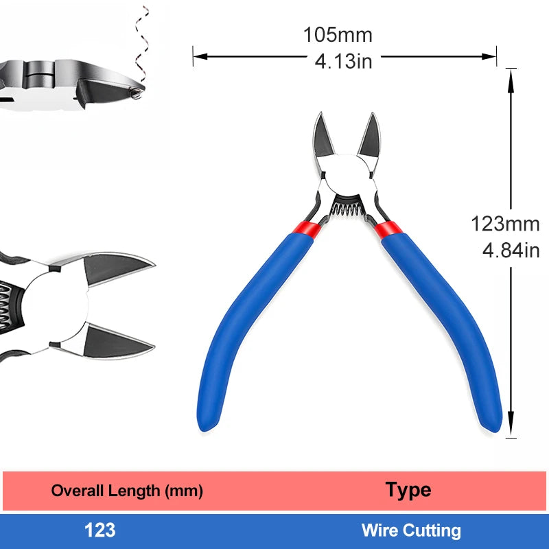 Wire cutting pliers with blue handles and measurements 