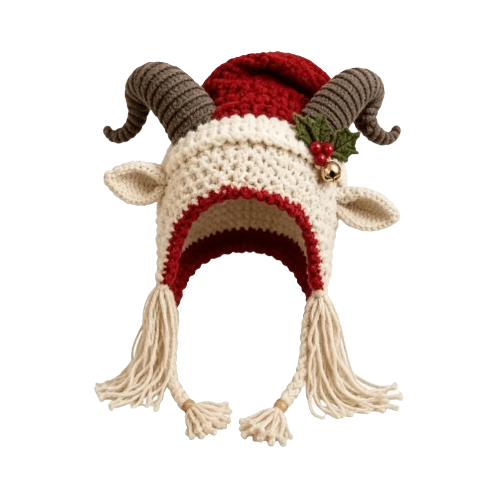 A hand-crocheted goat hat with long cream-colored horns, a red and cream Santa-style top, small cream ears, and cream tassels, decorated with a small holly sprig and gold bell on a white background.