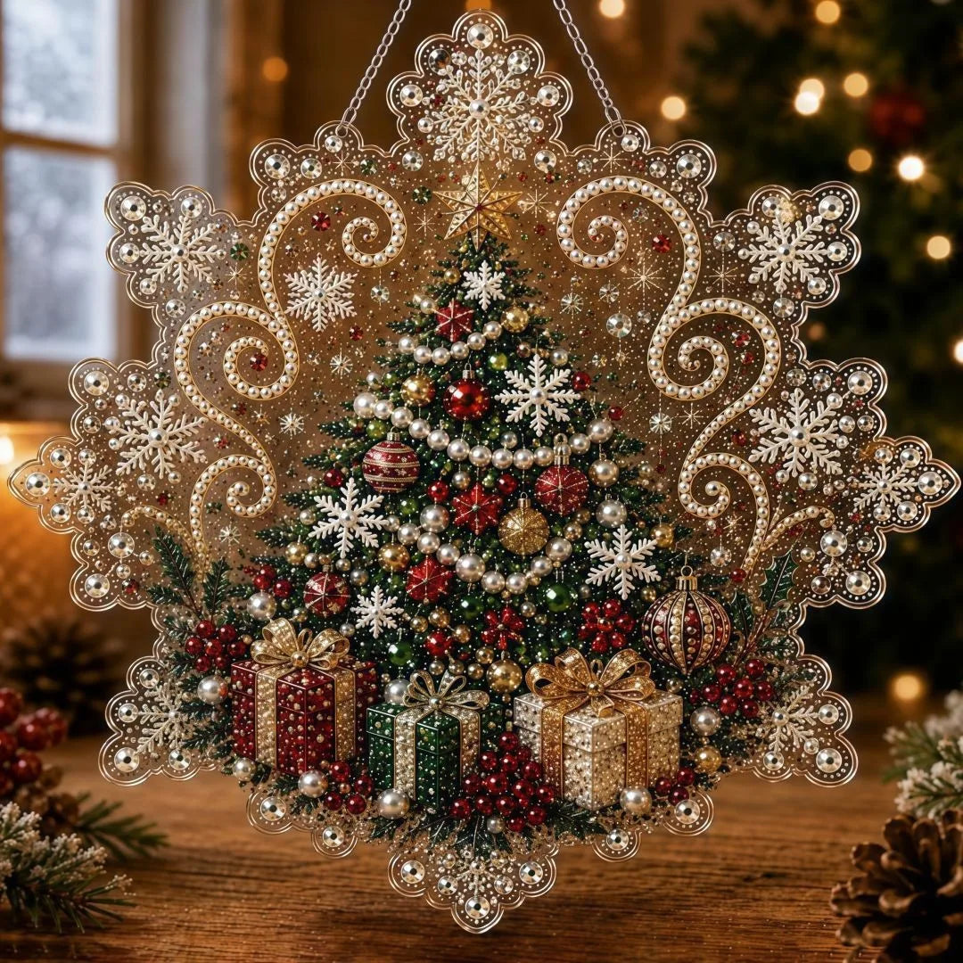 An ornate hanging Christmas ornament shaped like a snowflake, featuring a decorated Christmas tree, snowflakes, swirls, and wrapped gifts