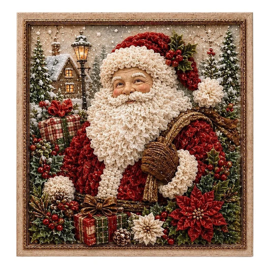 A square framed Christmas punch needle artwork featuring a sculpted Santa Claus surrounded by red poinsettias, evergreen trees, snow, a lit street lamp, and wrapped gifts, set against a snowy house background.