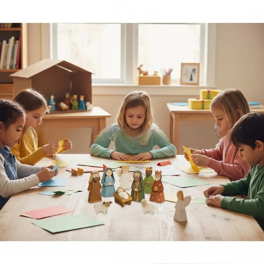 Children folding paper and making a nativity scene 