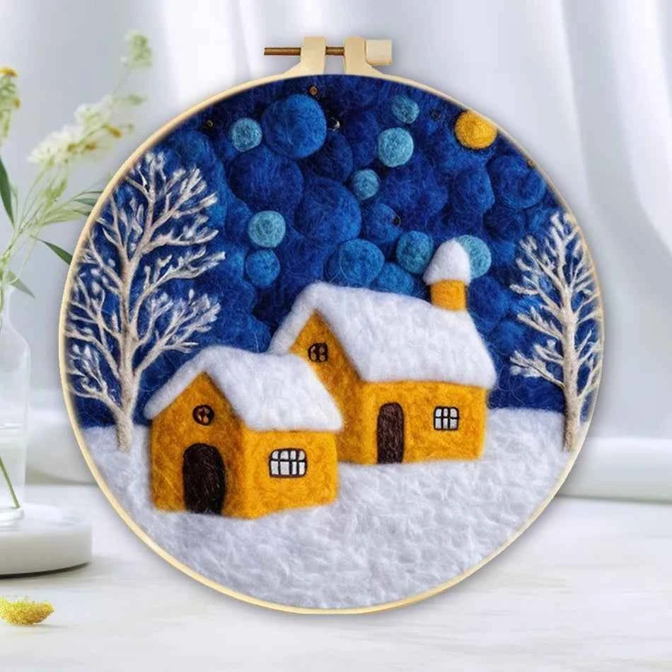 Winter Night Needle Felting Kit for Beginners – Snowman & Snowy Scenes, 20 cm, 6 Designs