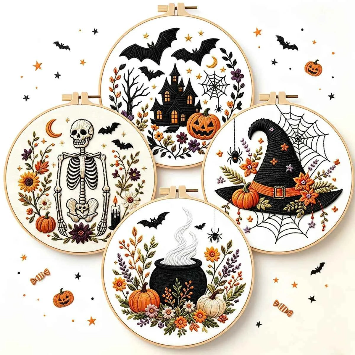 Halloween Embroidery Kit, Stamped Pattern with Thread and English Instructions