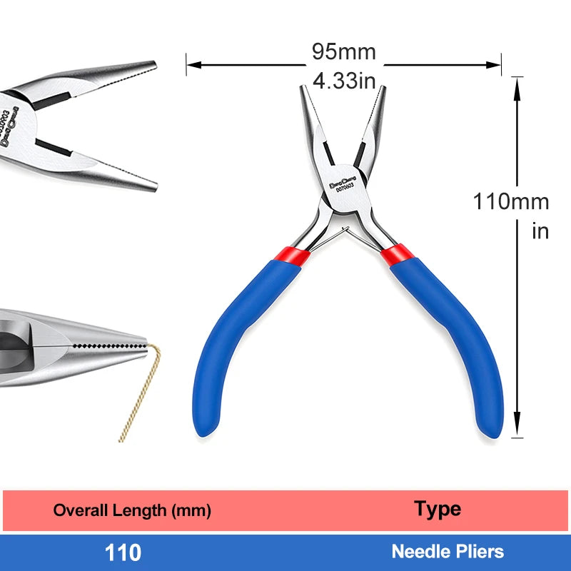 Needle pliers with blue handles and measurements 