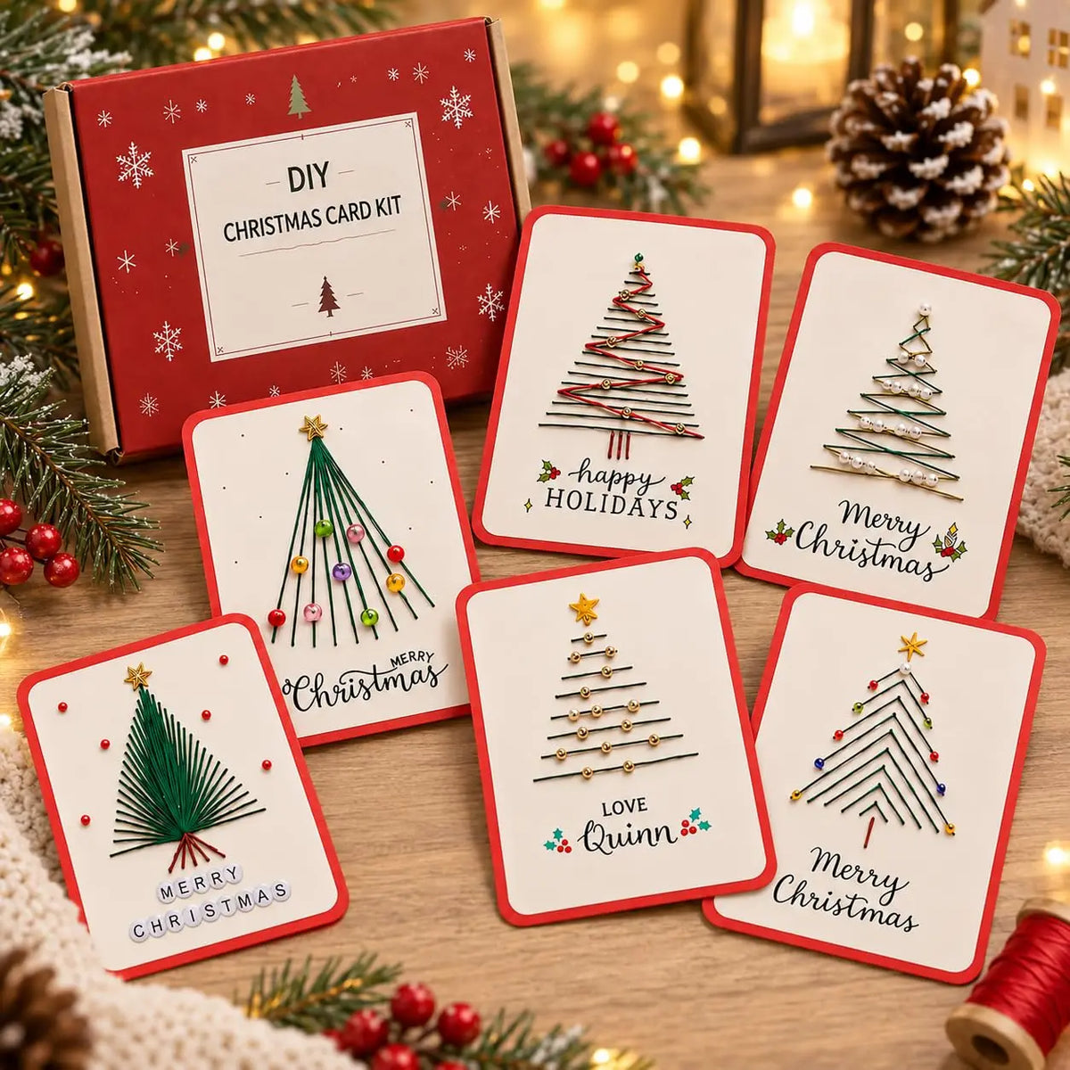 A DIY Christmas card kit displayed with its red gift box and six sample cards featuring handcrafted string-art Christmas trees and holiday greetings