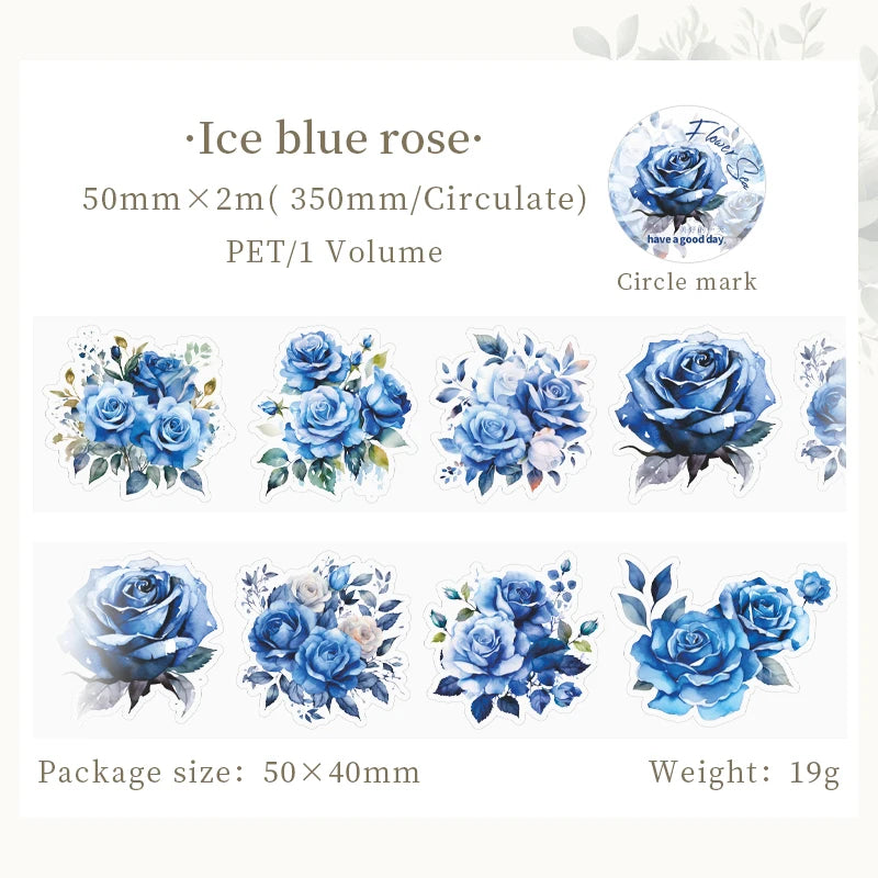 Ice blue rose sticker designs 50mm x 2m roll PET