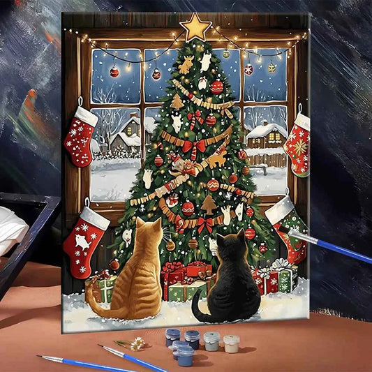 Christmas Cats Paint by Numbers Kit for Adults – Cozy Tree & Snowy Window Scene, 3 Sizes