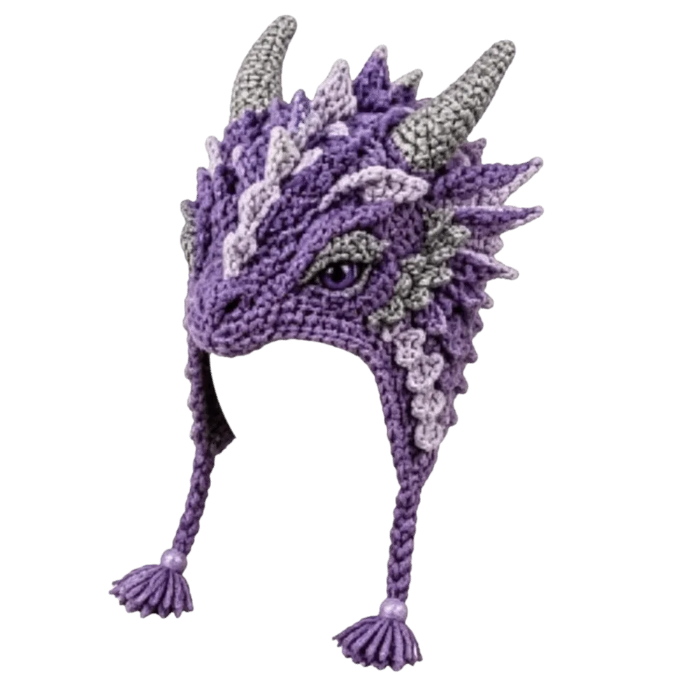 A purple and lavender hand-crocheted dragon hat with gray horns, detailed scales, and ear flaps with tassels, shown against a plain white background.