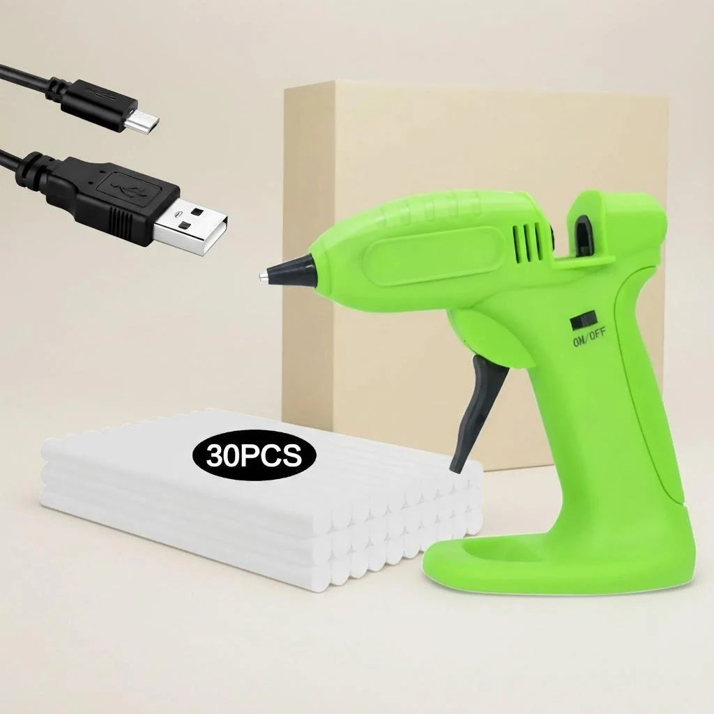 Green cordless glue gun with USB charging cable and 30 glue sticks 